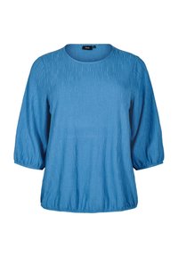Blaue Bluse mit rundem Halsauschnitt, dreiviertellangen Puffärmeln, strukturiertem Stoff mit vertikalen Streifen und lockerer Passform.