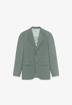 Helehall hall bleiser tekstuurse kangaga, sälguga kraega, kahe eesmise taskuga, ühe nupu kinnitusega ja siledalt voodriga siseküljel.