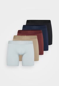 Six pairs of boxer briefs in various colors: light blue, beige, burgundy, navy, and black. Features logoed elastic waistbands.