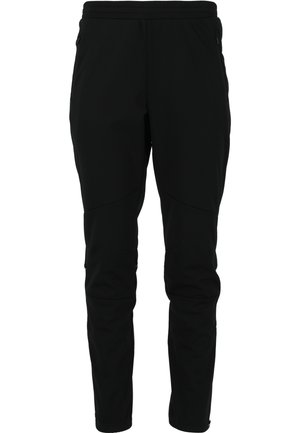 Schwarze Outdoor-Hosen aus leichtem Material, mit elastischem Taillenbund, Reißverschlusstaschen, schmalem Schnitt und vorgeformten Knien für Bewegungsfreiheit.