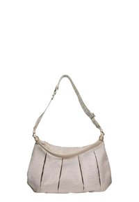Beige tekstureret håndtaske med et plisseret design og en enkelt justerbar rem. Har en glat topkant og hardware-accenter.