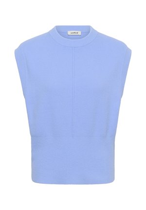 Bezranka, šviesiai mėlyna megzta liemenė su apvaliu kaklu ir vertikaliu siūlu priekyje, ant apykaklės yra etiketas "soaked".