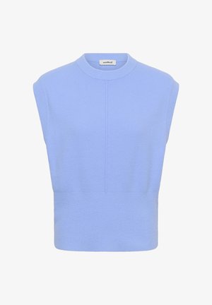 Ujjatlan, világoskék kötött pulóverdzseki, kerek nyakkal és függőleges varrással elöl, a nyakában "soaked" felirattal.