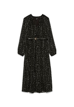Abito midi nero con puntini astratti bianchi, maniche lunghe, scollo a V e una sottile cintura nera con fibbia dorata in vita.