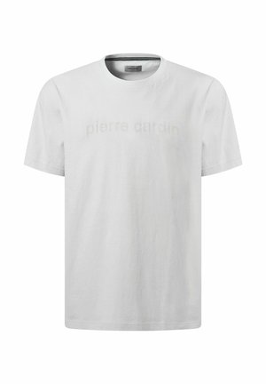 Wit katoenen T-shirt met korte mouwen, een ronde halslijn en een subtiel grijs logo op de voorkant gedrukt. Gladde textuur, standaard pasvorm.