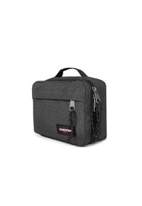 Šedá látková taška na oběd s obdélníkovým tvarem, přední kapsou, horním uchopitelným madlem a dvojitými zipy. Na přední straně se nachází logo Eastpak.