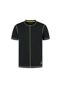 Czarna koszulka z krótkim rękawem z jasnżożółtymi szwami wzdłuż szwów oraz małym logo na dolnym obszyciu. Wykonana z miękkiego materiału.