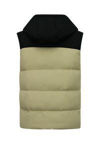 Gewatteerd vest met een zwarte capuchon en bovenkant, voorzien van een beige geribbelde onderkant. Zachte textuur met horizontale naden.