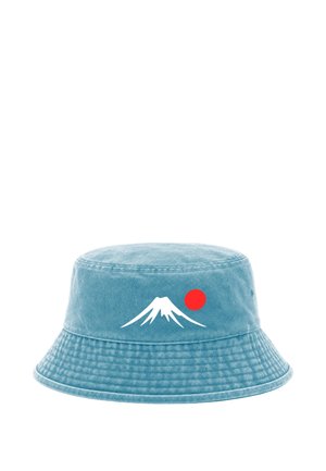 Light blue bucket hat with a white mountain and a red sun graphic on the front center.