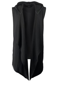 Svart ärmlös öppen front väst med huva och draperad vattenfallskrage, tillverkad av mjukt tyg.