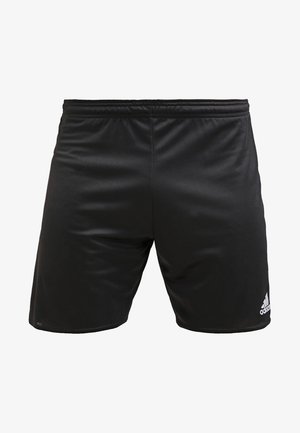 Schwarze Adidas-Sportshorts mit elastischem Bund und kleinem weißen Adidas-Logo am unteren rechten Bein.