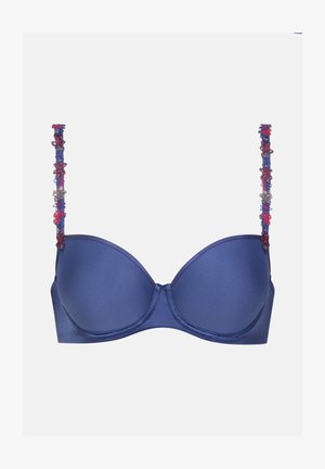 Nachtblauer gepolsterter Bügel-BH mit floralen Spitzelementen an den Trägern, glatter Textur und Unterstüzung durch den Bügel für eine strukturierte Passform.