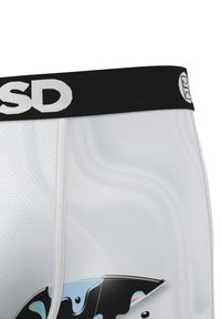 Men's briefs in a white, smooth material with black waistband featuring a logo. Design includes colorful abstract patterns on the fabric.