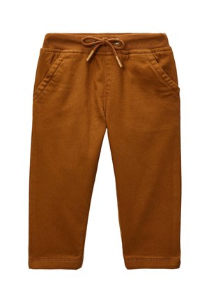 Pantalon marron pour tout-petit avec taille élastique, cordon de serrage ajustable et deux poches avant, en tissu doux.