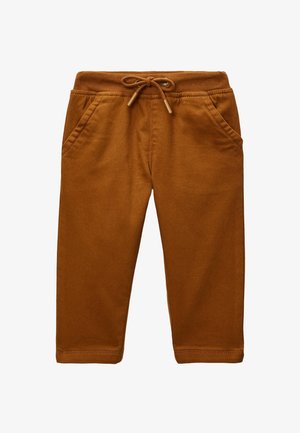 Pantalon marron pour tout-petit avec taille élastique, cordon de serrage ajustable et deux poches avant, en tissu doux.