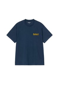 Camiseta de algodón azul marino con cuello redondo y mangas cortas, con el logotipo amarillo de "Carhartt" impreso en el lado izquierdo del pecho.