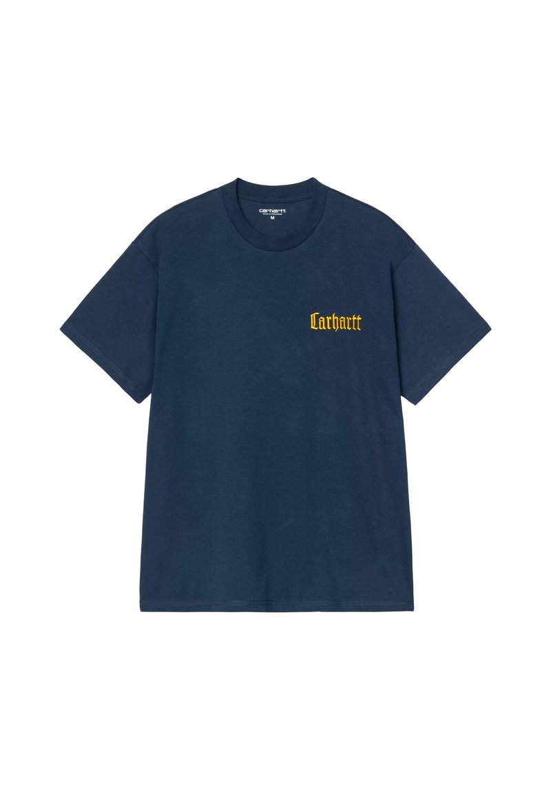 Camiseta de algodón azul marino con cuello redondo y mangas cortas, con el logotipo amarillo de "Carhartt" impreso en el lado izquierdo del pecho.