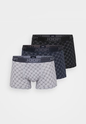 Three pairs of boxer shorts in dark blue, navy, and light gray, featuring geometric patterns and elastic JOOP! waistbands.