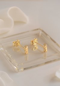 Guldstiftörhängen med cylindrisk form och strukturerade detaljer, placerade på en genomskinlig bricka som framhäver deras reflekterande yta.