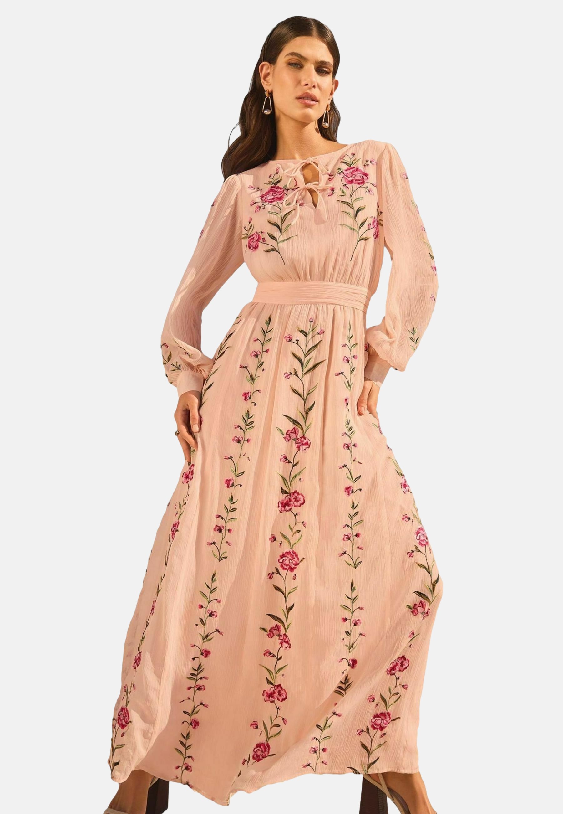 Love & Roses PETITE FIT - V&A I EMBROIDERED TIE DETAIL LONG SLEEVE - Robe  longue - pink floral/rose - ZALANDO.FR