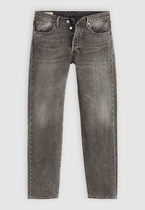 Donkergrijze doorgeschuurde spijkerbroek met vijfzakkenstijl, knoopsluiting aan de voorkant en een rechte pijp, plat uitgestald op een lichte achtergrond.