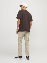 Un tricou scurt cu mânecă brown, asortat cu pantaloni cargo bej, cu buzunare laterale. Tenisi negri cu talpă albă completează ținuta.