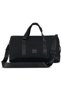 Černá cestovní taška z plátna s hladkým povrchem, vybavená dvojitými rukojeťmi, nastavovacím ramenním popruhem a přední kapsou na zip.