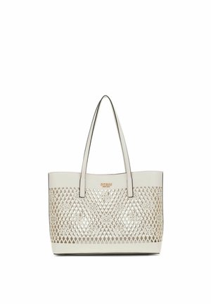 Sac fourre-tout couleur crème avec doubles anses et motif en treillis ajouré présentant des motifs floraux et un petit logo de marque doré.