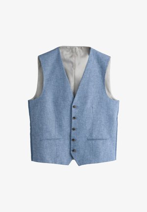 Gilet da uomo azzurro chiaro con cinque bottoni scuri, due tasche anteriori e una fodera interna liscia grigio chiaro.