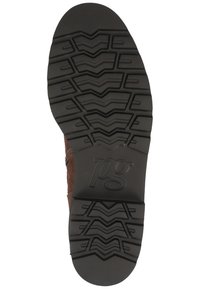 Brown shoe sole with a zigzag tread pattern; black rubber with raised branding. Side shows textured material and stitched accents.