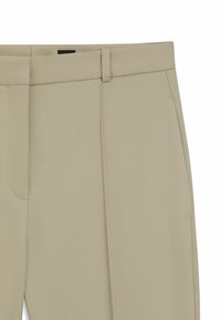 Beige räätälöidyt housut, joissa on sileä, tekstuuri pinta. Ominaisuuksia ovat litteä etuosa, takatasku ja vyölenkit.