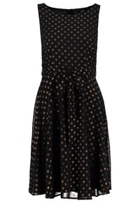 Robe noire sans manches à pois dorés, avec un col rond et une ceinture à la taille qui forme une silhouette de jupe froncée.