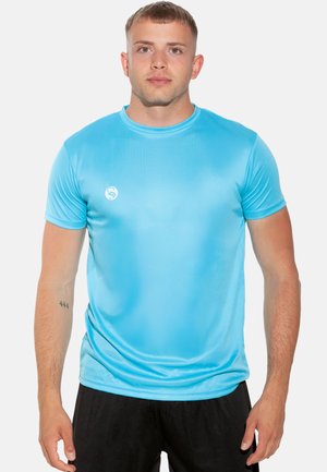 Blaues, sportliches Kurzarmshirt aus glattem, synthetischem Stoff. Hat einen runden Ausschnitt und ein kleines Logo auf der Brust.