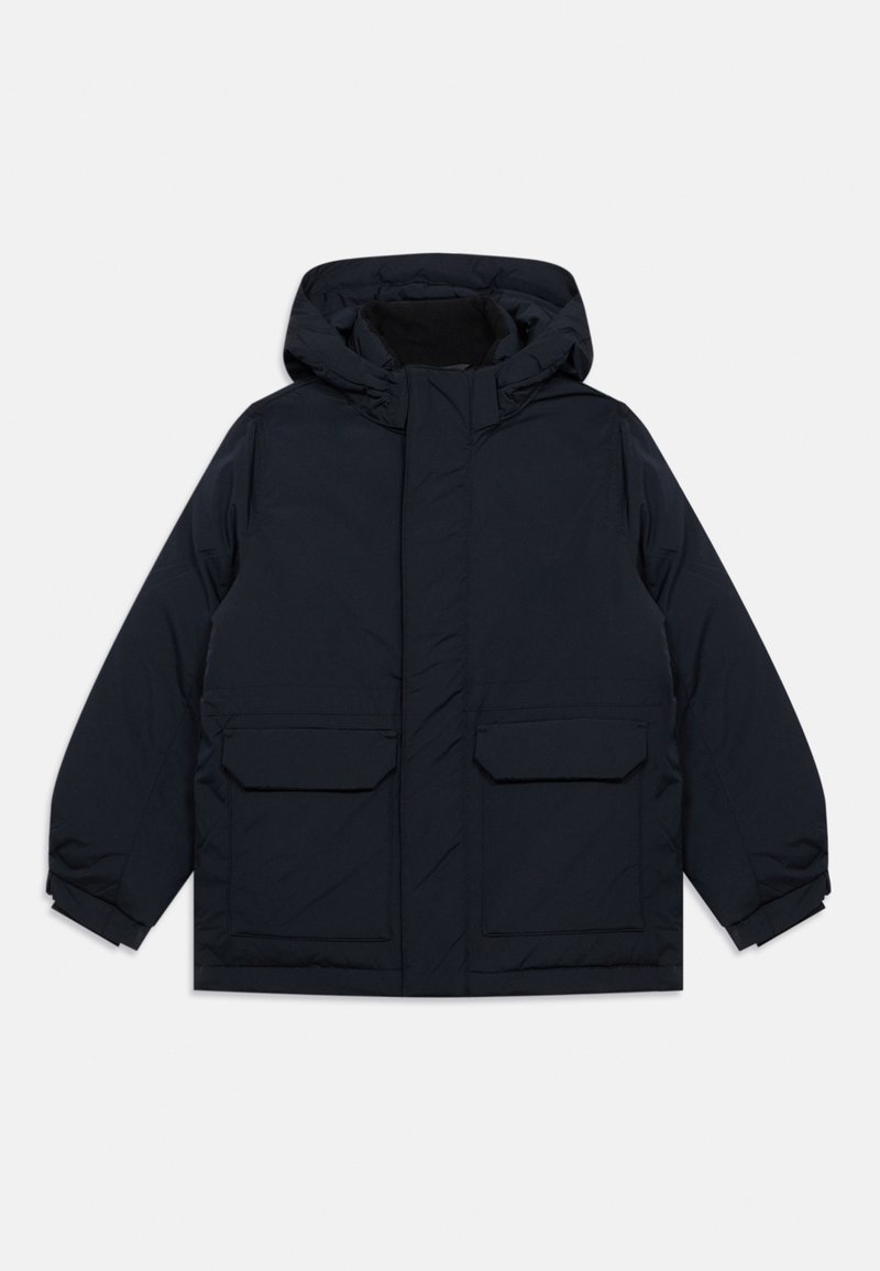 Marineblauer isolierter Parka mit Kapuze, ausgestattet mit zwei Fronttaschen, einem durchgehenden Reißverschluss und elastischen Bündchen für einen sicheren Sitz.