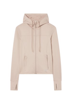 Felpa zip beige chiara realizzata in tessuto liscio, con cappuccio regolabile, due tasche davanti e aperture per il pollice nei polsini.