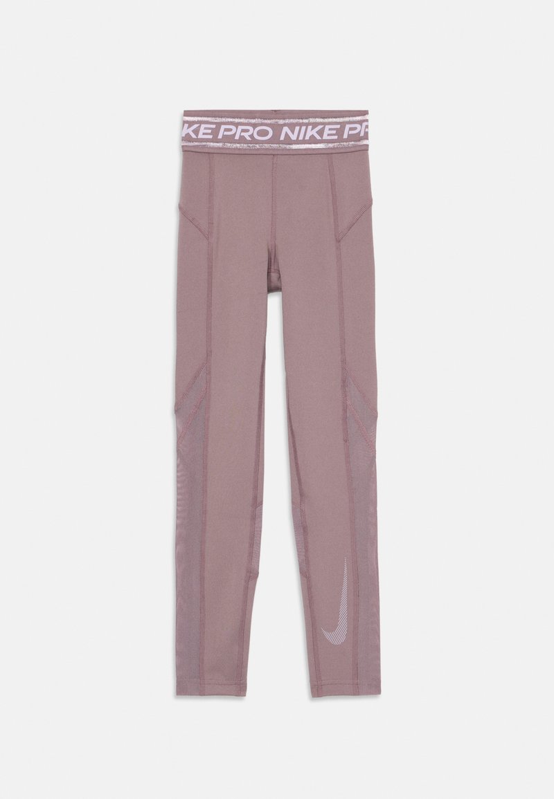 Collants Nike Pro de couleur mauve, avec une large taille élastique portant le logo "Nike Pro", des poches latérales et des détails en mesh sur les jambes.