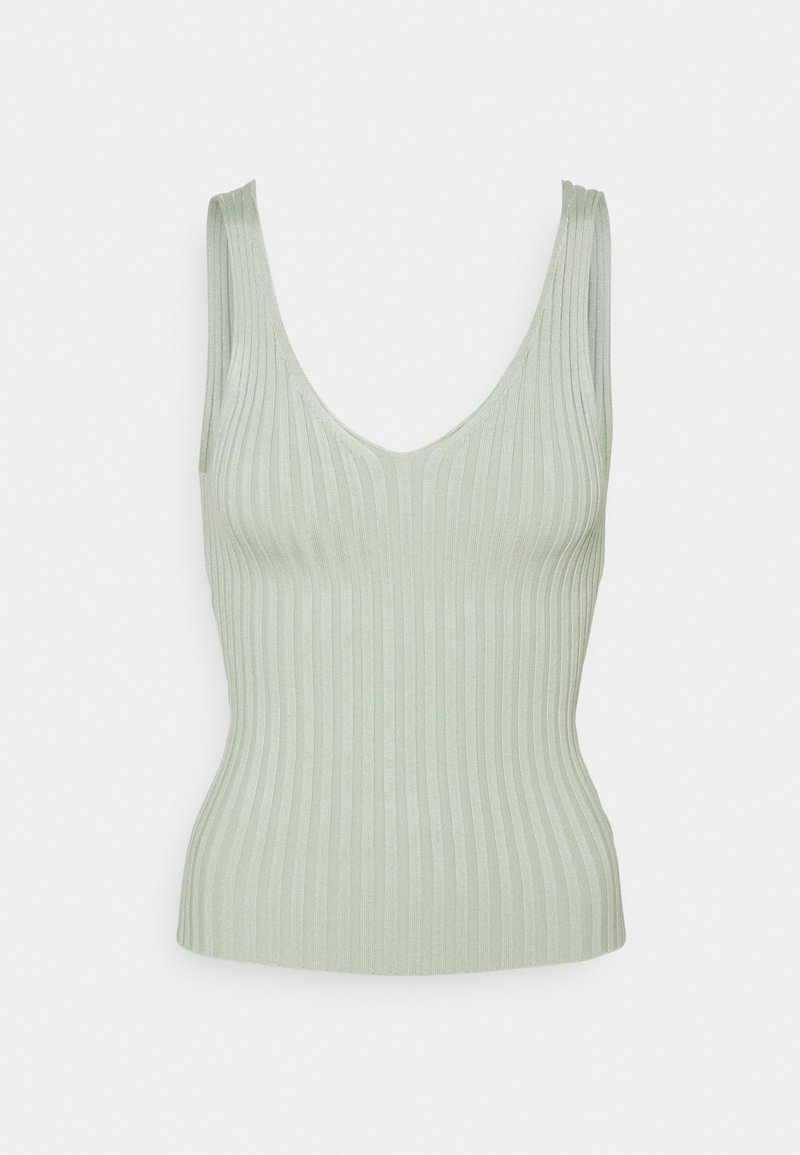 Top sans manches en maille côtelée vert clair avec un décolleté plongeant et une taille ajustée, présenté sur fond uni.