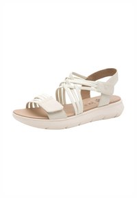 Sandal bianco con cinturini elastici e soletta imbottita. Presenta una punta arrotondata e suola in gomma, progettata per comfort e flessibilità.