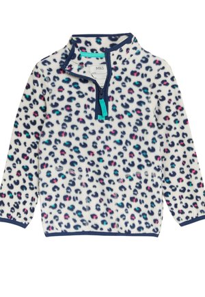 Witte fleece pullover met marineblauwe rand, multicolor luipaardprint, lange mouwen en een halve rits aan de voorkant met turkooizen trekkoord.