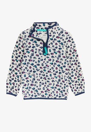 Hvid fleece-pullover med marineblå kant, flerfarvet leopardprint, lange ærmer og front-halvlynlås med turkis lynlåstræk.
