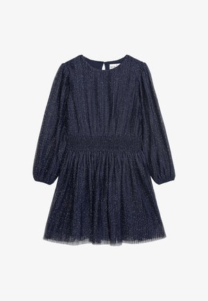 Marineblaues Kleid mit langen Puffärmeln, geraffter Taille und Plisseedesign. Der Stoff enthält metallische Fasern für einen schimmernden Effekt.