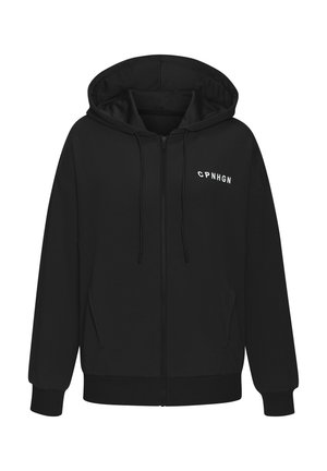 Schwarze Kapuzenjacke mit Reißverschluss aus weichem Stoff. Hat eine Kapuze mit Kordelzug und ein weißes Logo "CPNHGN" auf der Brust. Rippbündchen und Saum.