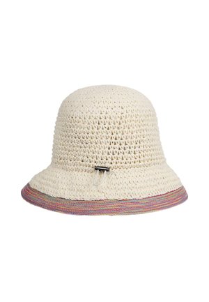 Crochet hat in cream with a wide brim. Features a multicolored band and metallic hardware accent on the side for securing.