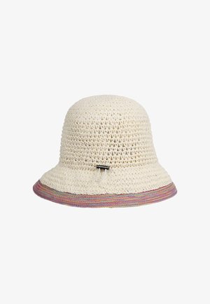 Sombrero de ganchillo en color crema con un ala ancha. Presenta una banda multicolor y un acento de hardware metálico en el lado para asegurar.
