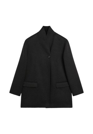 Manteau en laine noire avec un col à revers, fermeture à un bouton et deux poches avant. Présente une coupe décontractée et une surface texturée.