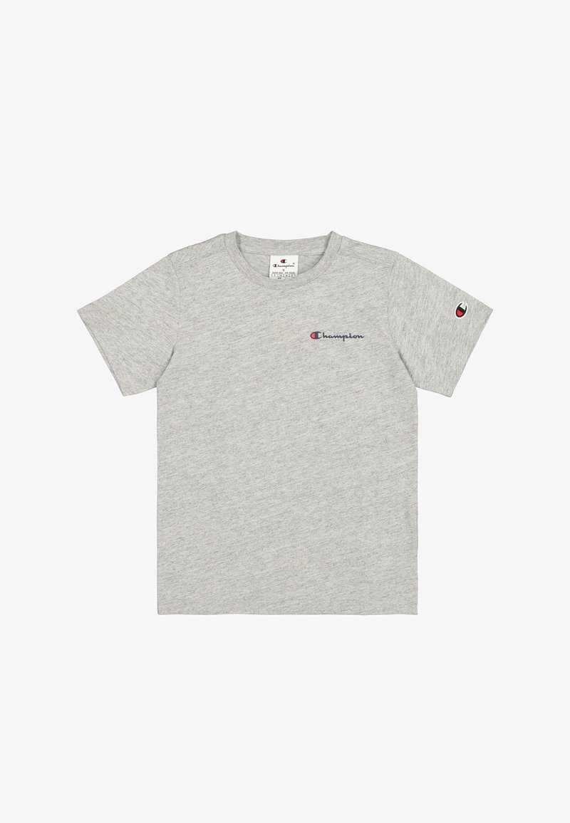 Szara bawełniana koszulka z krótkim rękawem, z małym niebieskim i czerwonym logo "Champion" na klatce piersiowej oraz naszywką z logo na lewym rękawie.
