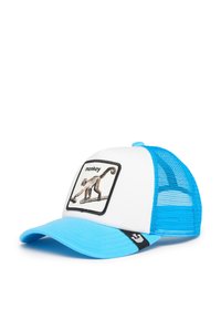 Blue and white trucker cap featuring a mesh back, a curved visor, and a graphic patch of a monkey on the front.