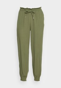 Zelené, lehké, zúžené joggery s elastickým pasem, který obsahuje šňůrku na stažení, a nařasenými manžetami u kotníků. Hladká textura.