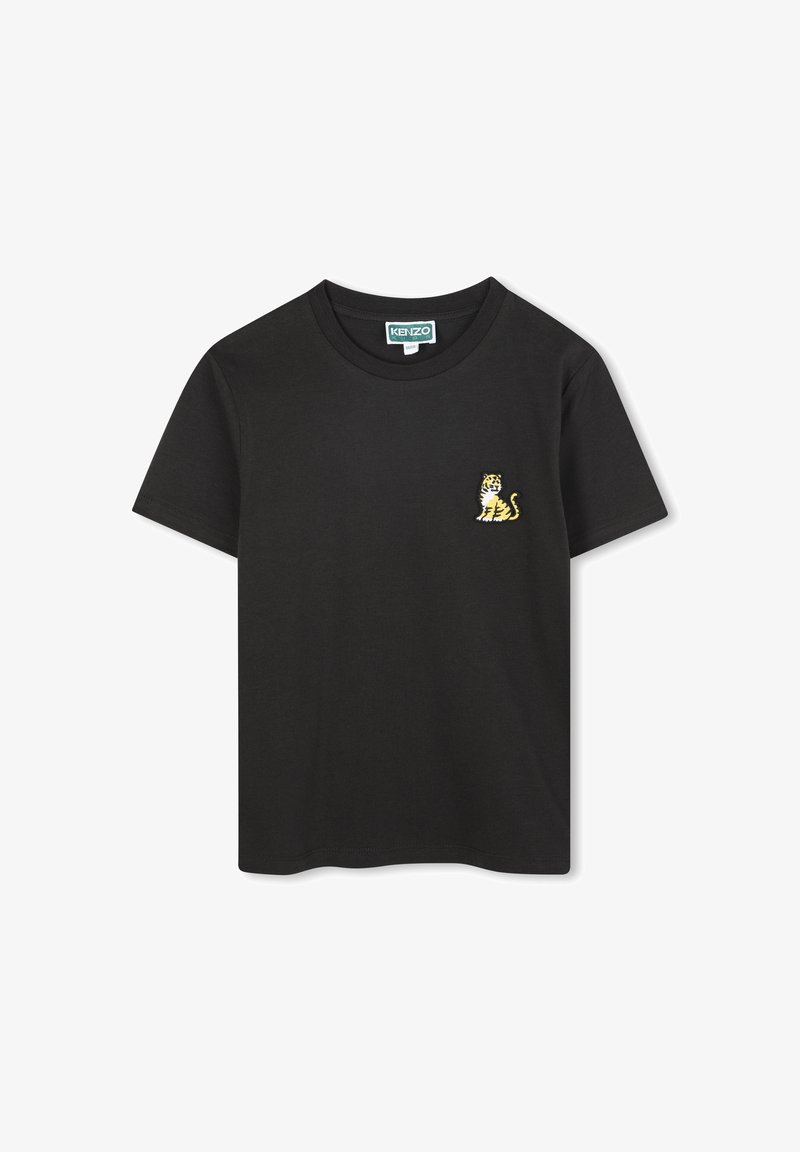 Czarna bawełniana koszulka z krótkim rękawem, z małym haftowanym tygrysem na lewej piersi. Okrągły dekolt i luźny krój.