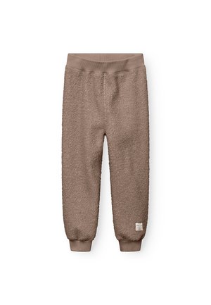 Brune fleece joggers med en blød, textured overflade, elastisk talje og tætsiddende stumper. Inkluderer et lille mærke med logo på siden.